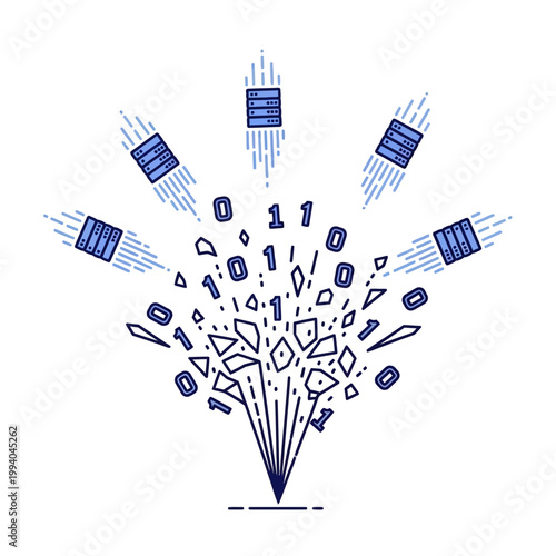 Microchip explosion with binary code.