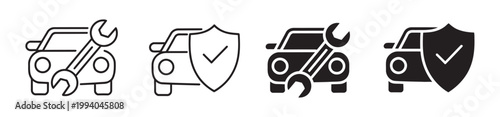 Car with wrench shield check mark icon set, automotive repair service vehicle maintenance insurance warranty protection diagnostic symbol vector illustration

