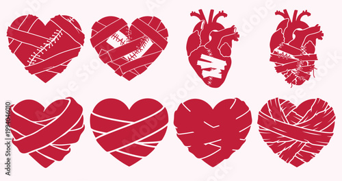 A collection of red hearts with bandages on a black background