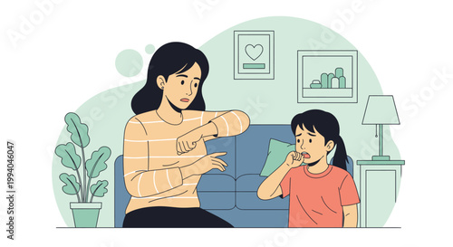 Woman explains to a girl on the couch about rules at home.