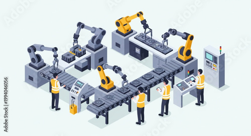 Automated Factory Assembly Line With Robotic Arms and Workers.