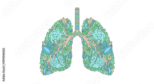 Human lungs made of green leaves and blue flowers, symbolic illustration of healthy breathing