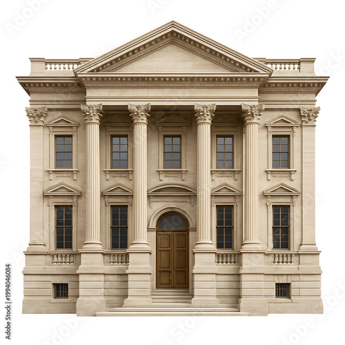Classic Stone Building With Columns and Front Door Isolated on Transparent Background