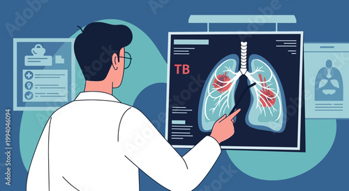 Doctor examines lung scan for TB symptoms on screen in medical setting