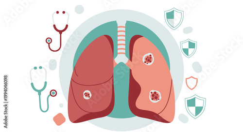 Healthy and unhealthy lungs with medical equipment and protection symbols around them 