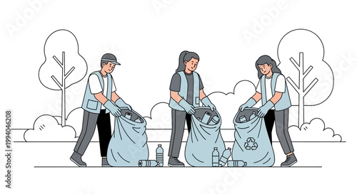 People collecting trash in the park.