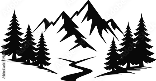 Trail map badge with mountain and river