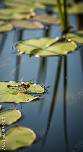 Dragonfly's Still Moment on Sun-Kissed Lily Pads
