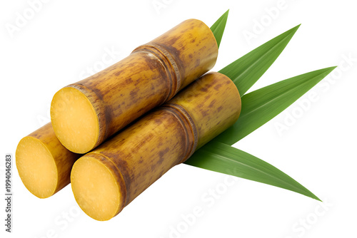 Fresh Sugarcane Sticks With Green Leaves Isolated on Transparent Background