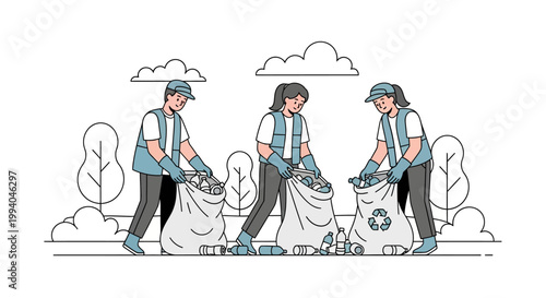 People collecting trash in the park.