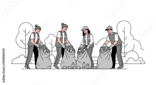 Four people picking up trash bags outdoors.