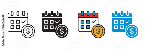 Calendar with dollar coin icon set, financial schedule symbol, budget planning tax deadline payment reminder investment tracking vector illustration
