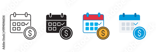 Calendar with dollar coin icon set, financial schedule symbol, budget planning tax deadline payment reminder investment tracking vector illustration

