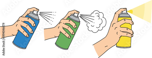 Hand Holding Spray Paint Cans Vector Illustration Set with Aerosol Mist, Foam Spray, and Stream Application for Graffiti Art, Cleaning, and Industrial Use
