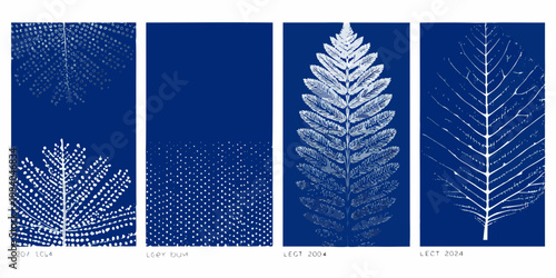 Cyanotype botanical prints of ferns displayed in a vertical arrangement