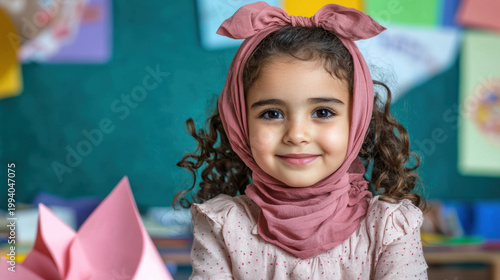 young girl with curly hair, wearing a pink headscarf and dress, smiles warmly in a colorful classroom setting.