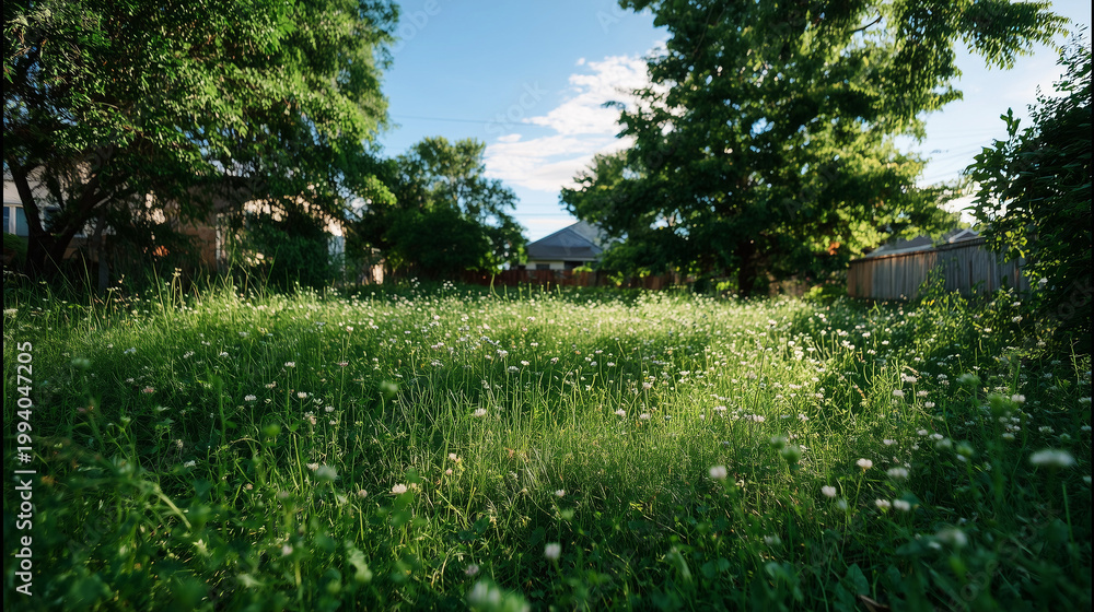 Obraz premium Lush Green Backyard with Tall Grass and Trees 