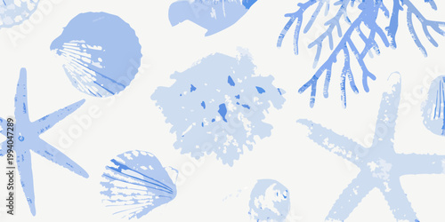 Blue and white seashell and starfish pattern on a light background