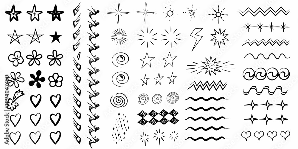 Obraz premium Collection of hand drawn doodle stars hearts and decorative line elements