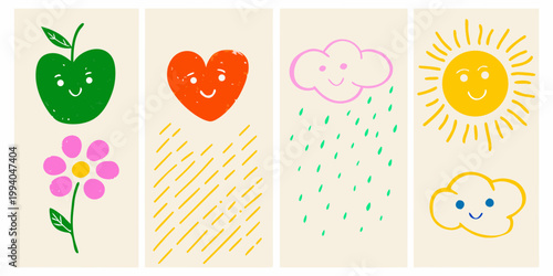 Four colorful illustrated panels depicting fruits hearts clouds and sunshine