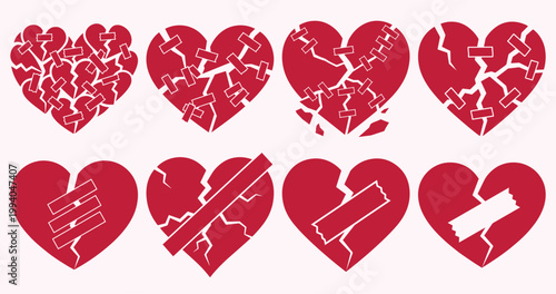 Tableau sur toile A collection of broken red hearts on a black background