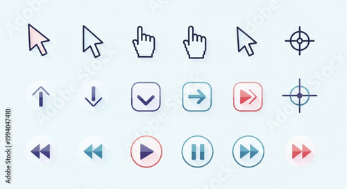 Collection of computer cursors and media player icons.