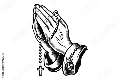 Praying hands with rosary beads and cross, vintage styled vector illustration.