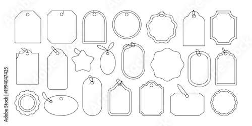 Diverse hanging tag outlines with strings for gift labeling and retail merchandise identification kit.