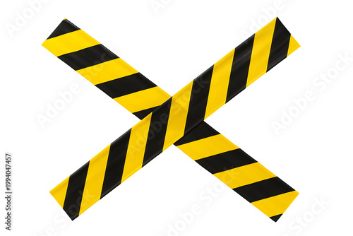 Black and yellow caution tape crossed in X shape isolated on transparent background