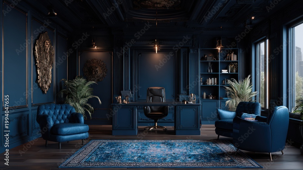Fototapeta premium Luxurious private workspace features deep indigo paneled walls and elegant furnishings overlooking a city vista