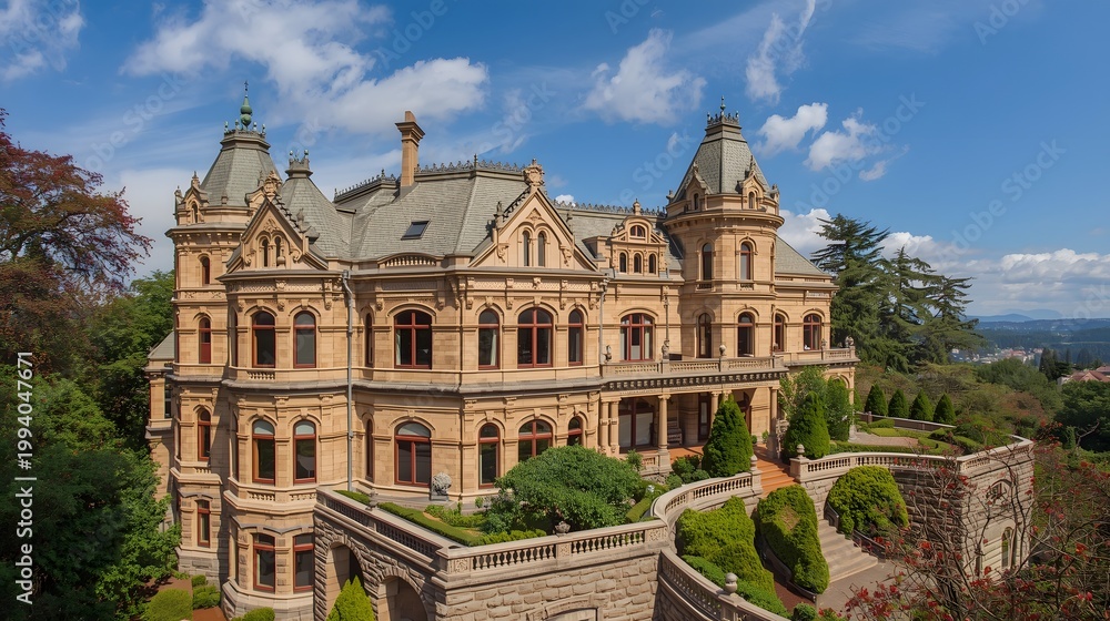 Obraz premium The stunning Craigdarroch Castle stands majestically on a hill, exhibiting its historical architecture and detailed stonework on a sunny day with lush greenery.