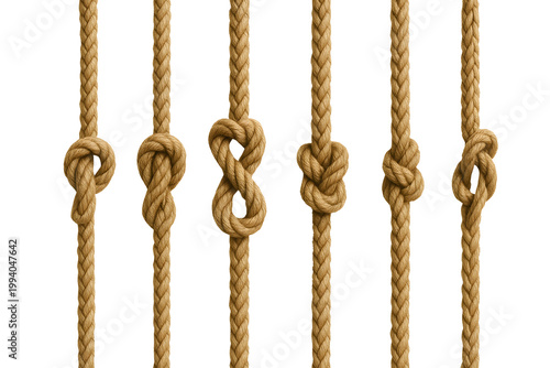 Different rope knots tied on hanging cords isolated on transparent background