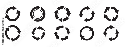 Various circular arrow icons in black, representing refresh, cycle, and rotation.