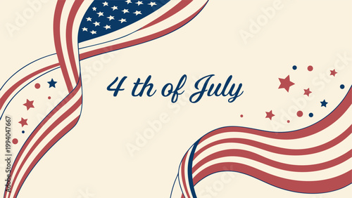 Fourth of July celebration banner with waving American flag, United States national holiday patriotic vector illustration design.