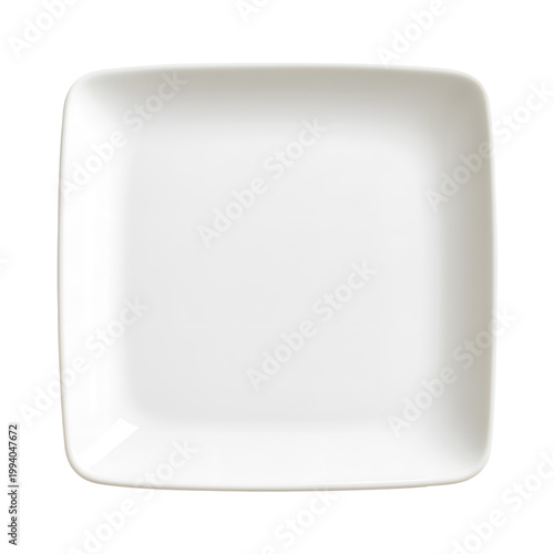 Empty glossy white ceramic plate with square shape isolated on transparent background
