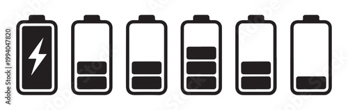Black silhouette battery power level icons set on transparent background for minimal interface design.