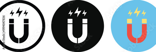 Types of magnets, illustration set, educational vector graphics showing magnetic objects and electrical icons for science learning and classroom use.