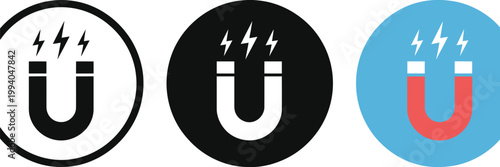 Magnet and electrical, symbols illustration set, scientific vector design featuring bar magnets horseshoe magnets and circuit icons for physics concepts.