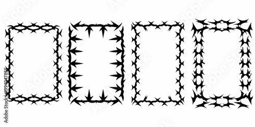 Four rectangular frames adorned with sharp black barbed wire designs