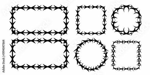 Black and white illustration of various barbed wire shaped frames