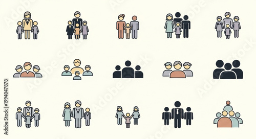 Collection of diverse family group icons representing different generations and sizes.