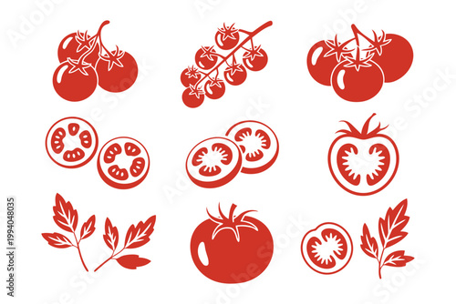 Red tomatoes on vine sliced and whole on transparent background.