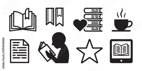 Education and reading icons collection with books and reader silhouette and hot coffee cup with star.