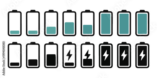 Battery charge level indicators set with different states from empty to full for mobile devices.