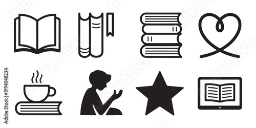 Academic study icons set with stacked books and open page and reader person and tablet display star.