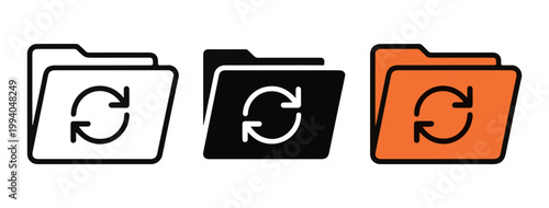 Folder icons with refresh arrow symbol in outline filled black and orange for document management and sync.