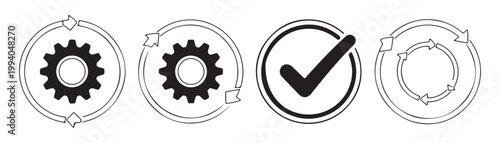 Outline gear and check mark icons with circular arrows representing business process technology and workflow.