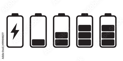 Incremental battery power level icons for interface menus and device status bars with bolt symbol.