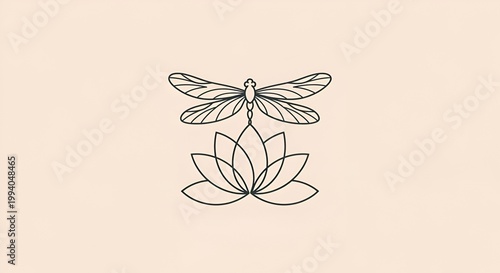 Dragonfly sits on lotus flower line art, minimalist design, zen concept