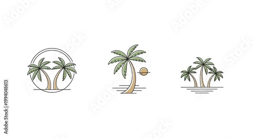 Tropical Palm Tree Icons: Summer Vacation, Beach, and Nature Vector Set